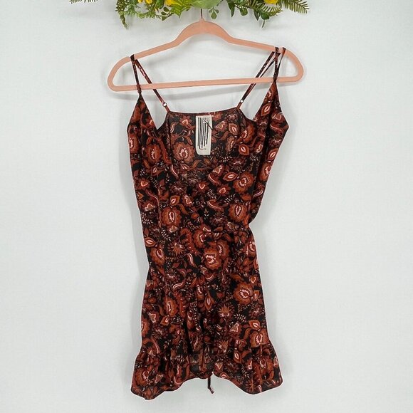 Free People Floral‎ Wrap Mini Dress Brown Rust Ruffle Hem Boho Cottagecore XS - Picture 9 of 11